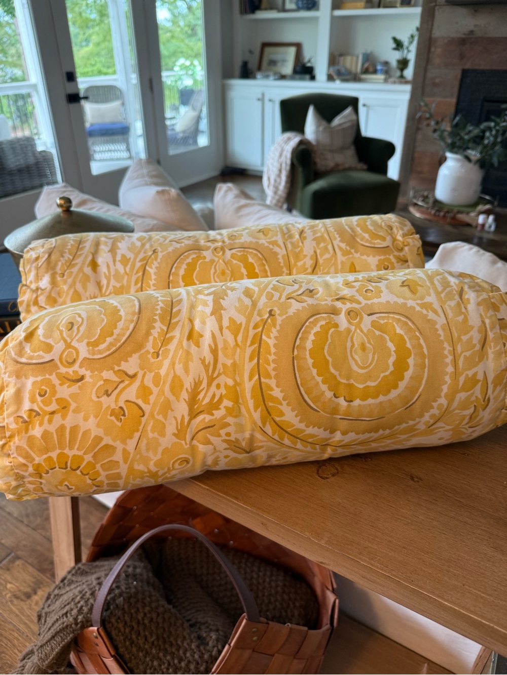 Pair Yellow Floral Damask Bolster Pillows Cottage Grandmillennial Decor
